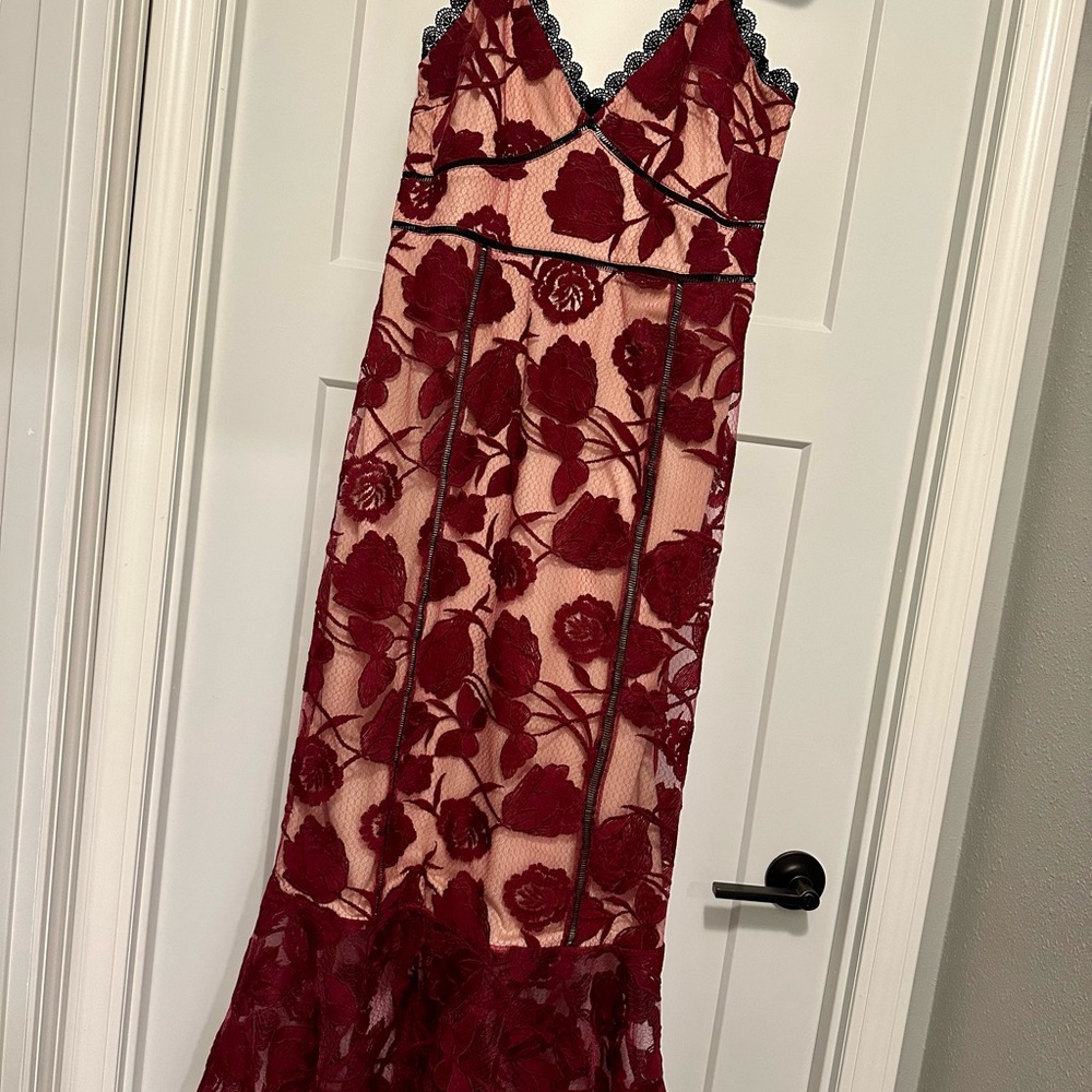 Lulu’s Alluring Dream Burgundy Floral Mesh Lace Trumpet Midi Dress
